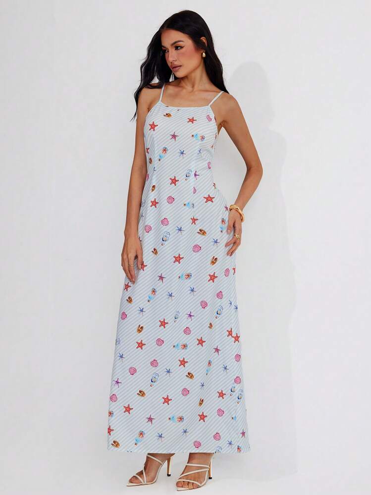 Roylia Women's Maxi Dress With Striped, Seashell, Starfish, Drifting Bottle Prints, Multicolor, Fitted, Square Neck, Spaghetti Straps, Backless, Waist Cinched, Extra-Wide Hem, Suitable For Vacation, Festival, Sexy, Elegant, Romantic, Minimalist, Casual, Commuter, Bohemian Holiday Style, Spring/Summer - Blue - View 1