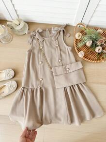 SHEIN LMoss Kids Vestido justo sem mangas com decote redondo e cor sólida para meninas - Caqui - Ver 3