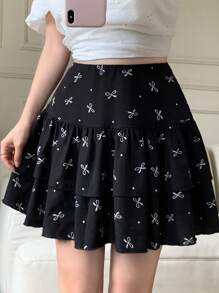 Modelyn Women's Bow Print High Waist Ruffle Skorts - Black - View 4
