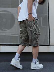 Manfinity LEGND Plus Size Men's Fashionable Denim Shorts, Suitable For Summer Men Cargo Pants Shorts Tropical Hang Out Street Work Men Camo Cargo Shorts