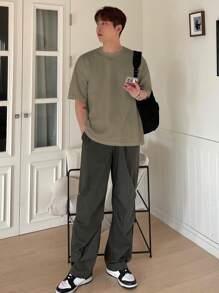 DAZY 男士休闲字母印花短袖T恤，夏季，返校服 - 軍綠色 - 查看 4