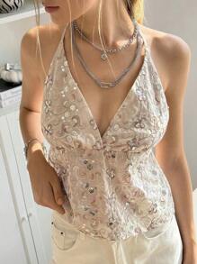 SHEIN Bubbli Women's Fashion Sequin Criss-Cross Deep V-Neck Beaded Flower Back Tie Tank Top