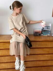 Hapijoa 青少年女孩圆领针织短袖网眼拼布连衣裙，夏季，返校服装 - 卡其色 - 查看 4