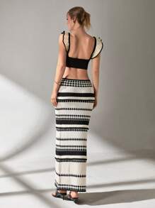 SHEIN Cottnline Women Top And Skirt Openwork Sweater Cover Up Set - Black and White - View 2