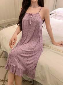 DAZY Đầm ngủ nữ họa tiết hoa xếp nếp nơ trang trí - Màu tím - Xem 3