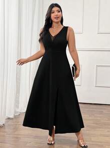 Cravure Plus Size Black Sleeveless V-Neck Maxi Dress With Hollow Design, Simple Elegant Office/Party Wear, Versatile & Comfortable, Spring/Summer/Autumn - Black - View 6
