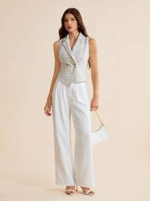SHEIN Tall Chaleco de mujer elegante a cuadros de doble botonadura, conjunto de oficina de verano para mujer