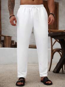 Manfinity RSRT 大码男士纯色抽绳腰休闲白色长裤，带口袋