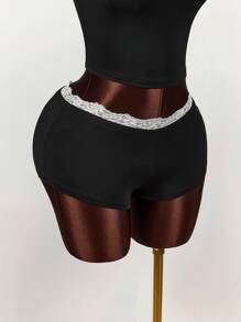 Amplova 2 Stücke/Set Farbblock Spitzen-Patchwork-Top mit Schleifendekor und Mini-Shorts mit Bundfalte - Schwarz - Übersicht 3