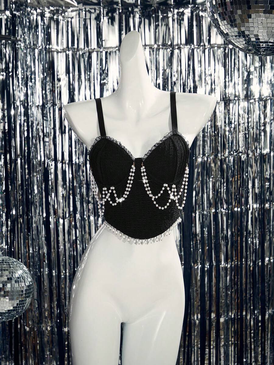 MidnightGlam حمالة نسائية عصرية مزينة بالخرز الاصطناعي، صدرية جذابة