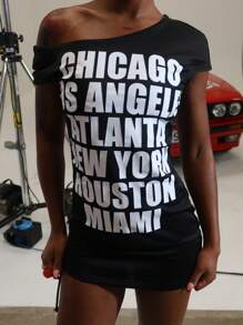 SUMWON WOMEN 露肩迷你连衣裙美国城市图案印花都市街头时尚派对俱乐部夜场舞会夏季个性连衣裙