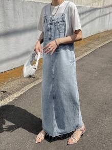 FRIFUL 女式休闲破洞牛仔连身裙 - 藍色 - 查看 2