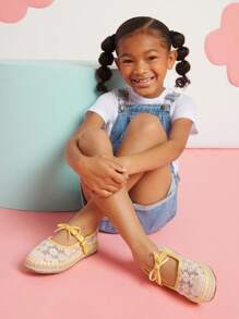 Mini mi #CC-Inspired Girls' Bow Strap Lace & Jute Boho Cream Yellow Espadrille Flats – From Playground To Beach Getaway - Yellow - View 6