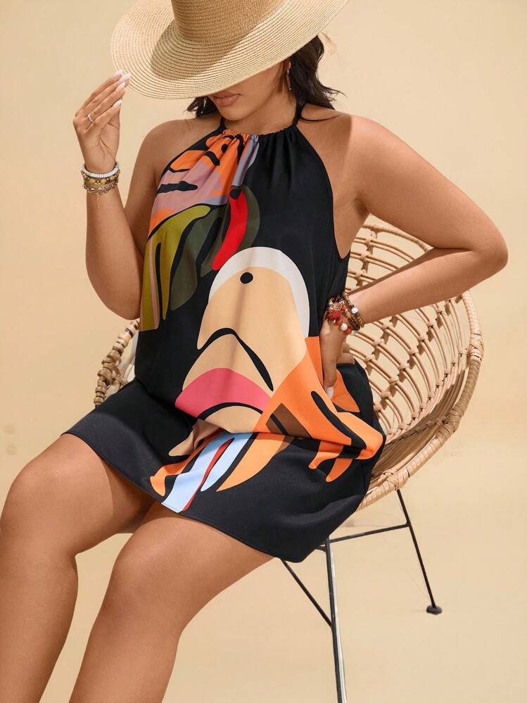 Travachic Plus Size Sleeveless Full Print Halter Summer Dress Graduation Dress Derby Dress Tropical Print Summer Outfits For Women Vacation Outfits Women Country Concert Outfit Rave Outfits Festival Concert Outfits For Women Graduation Outfit European Summer Nashville Outfits Beach Vacation Tropical Vacation - Multicolor - View 6