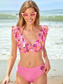 BABY SHARK X SHEIN Women's Cartoon Shark Pattern Ruffle Trim V-Neck Tankini Set - Pink - View 6