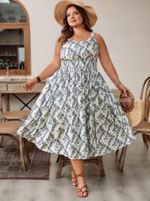 SHEIN CURVE+ Vestido camisola de verano para mujer talla grande con cintura ceñida y estampado de flores diminutas, atuendo perfecto para vacaciones en la playa, graduación, fiesta del té o vacaciones campestres y en la playa.