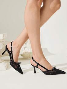 CUCCOO CHICEST 女士蝴蝶结刺绣蕾丝尖头细高跟鞋，优雅浪漫性感黑色网眼漆皮高跟鞋，露趾正装鞋，适合约会、派对、婚礼 - 黑色 - 查看 3