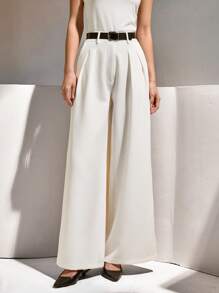 CLARA VERO Pantalones de traje de pierna ancha con pliegues y cinturón elegantes de color crudo para mujer
