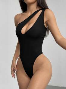 SHEIN Tall Black Ribbed Knit Asymmetric Neckline Cut-Out Skinny Bodysuit, Versatile For Vacation, Beach, Casual Daily Wear, Summer, Tall Women - Black - View 4