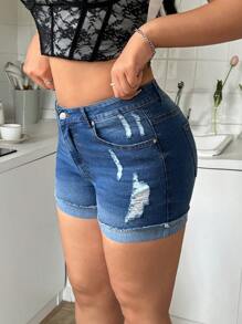 SHEIN MOD Quần short denim bó có túi rách rách cỡ lớn cho nữ - Rửa tối - Xem 3