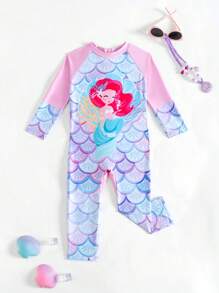 SHEIN 女童泳衣 女宝宝连体泳衣 长袖长裤泳衣 可爱卡通美人鱼涤纶数码印花紫色渐变鱼鳞印花连体泳衣 婴儿泳衣女孩
