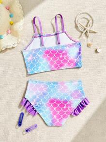 Bikini a stampa di sirena per ragazze giovani, con spalline a spaghetti e design con volant, combinando elementi carini e alla moda