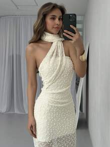 Aloruh Elegant Scarf Drape Neck Sleeveless Asymmetrical Neck Ruched Decor Bodycon Dress - Apricot - View 6