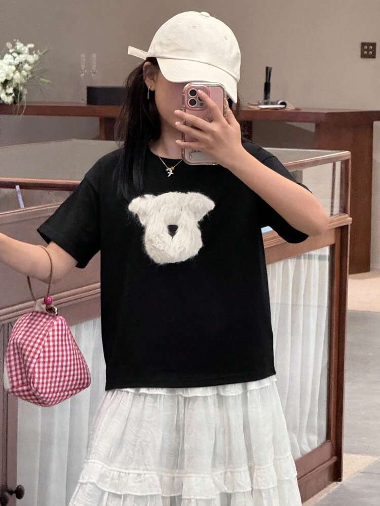 Tween Girl Cartoon Furry Pattern Casual T-Shirt, Summer, Back To School
