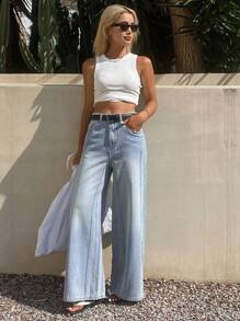 DAZY 女式宽松直筒牛仔裤，带线条图案装饰，休闲街头服饰，返校服 - 淺色水洗藍 - 查看 5