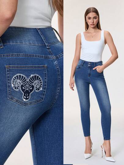 SHEIN EZwear Women's Zodiac Series Aries Jeans,Aries Embroidery Rhinestones Straight Jeans,Blue White Stripe,Summer,Streetwear,City Break,Casual Wear
