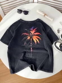 儿童/青少年男童休闲百搭舒适棕榈树图案印花卫衣，宽松版型，短袖 - 黑色 - 查看 2