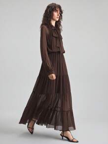 Ontre Vestido primavera/verano de unicolor con cuello anudado, mangas farol y bajo escalonado semitraslúcido, en estilo casual de campo/oficina para citas, de la nueva moda de transición de otoño 2025