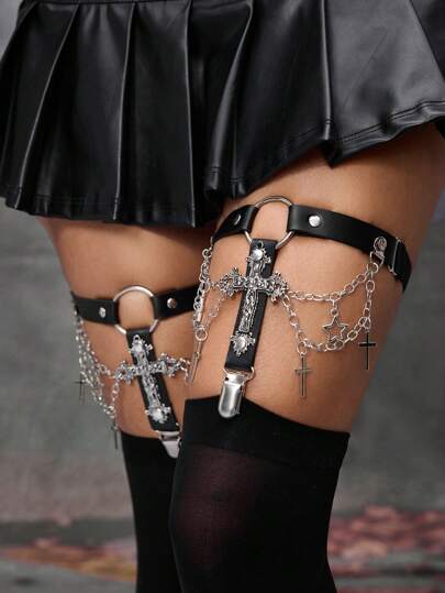 Goth 2 pezzi Reggicalze da donna con catena nera, decorazione a stella a cinque punte e croce cava, stile gotico, giarrettiere per vestiti, gonne, uso versatile quotidiano, Ognissanti