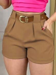 SHEIN LUNE Regular Plus Size Women Solid Color Pleated Pocket Loose Casual Shorts - Khaki - View 1