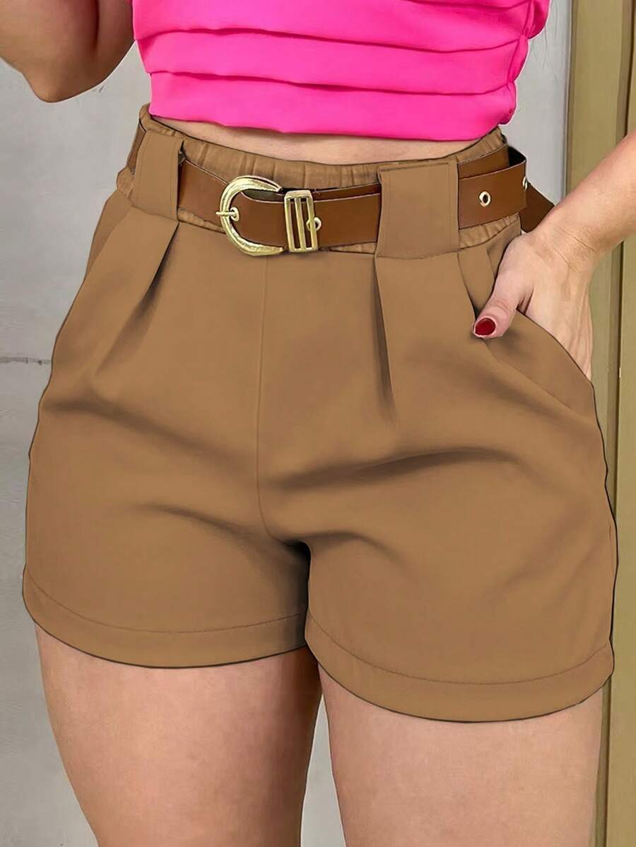 SHEIN LUNE Regular Plus Size Women Solid Color Pleated Pocket Loose Casual Shorts - Khaki - View 1