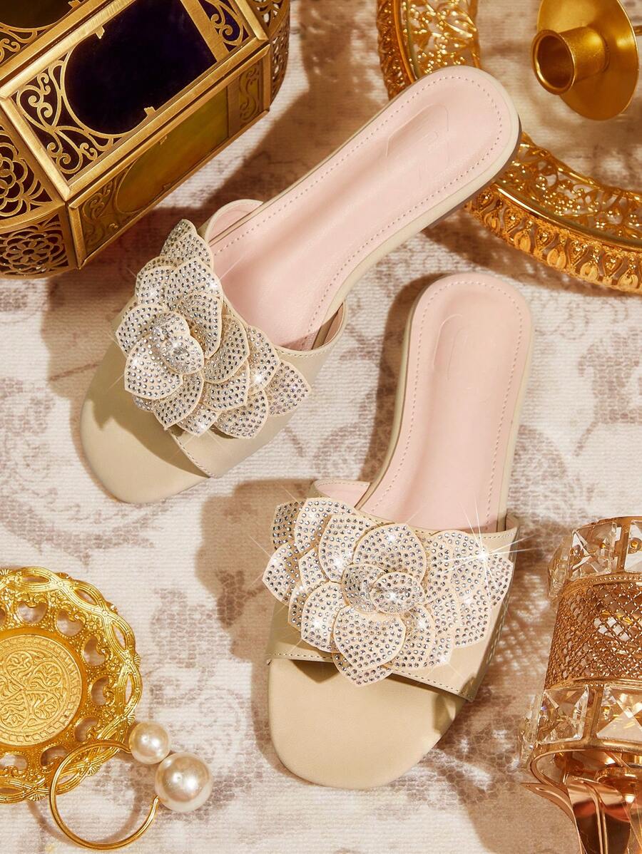 CUCCOO TILAWA Apricot Color Crystal Embellished Flat Sandals, Suitable For Commuting, Dating, Party, Shopping, Vacation And Other Occasions - Apricot - View 1