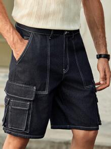 Manfinity VCAY 男士休闲多口袋中腰牛仔短裤 - 藍色 - 查看 5