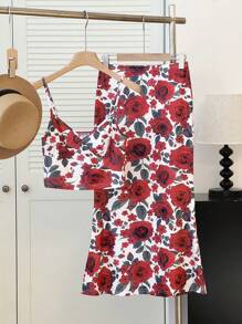 INAWLY 女士优雅花卉印花吊带背心和迷你裙两件套，夏季