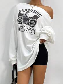 INAWLY 女式露肩长袖字母印花休闲衬衫图案T恤女式上衣，适合春季穿搭