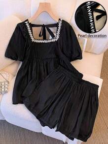 SHEIN Clasi Conjunto de 2 piezas con cuello cuadrado y decoración de perlas, elegante y para talla grande, apropiado para salidas diarias, vacaciones, citas y cenas - Negro - Ver 1