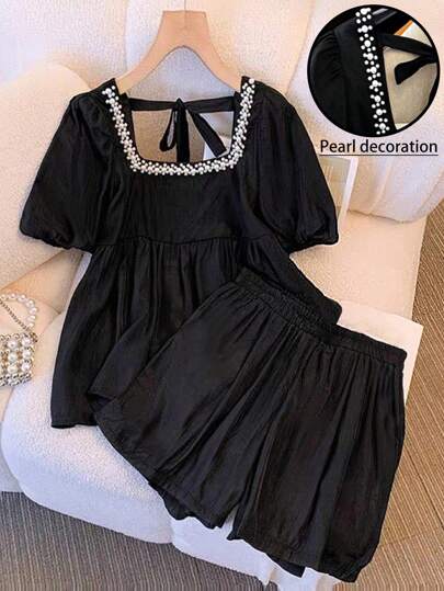 GlowEve CURVE 大码女式夏季优雅珍珠装饰方领两件套，适合日常外出/度假/约会/晚宴装