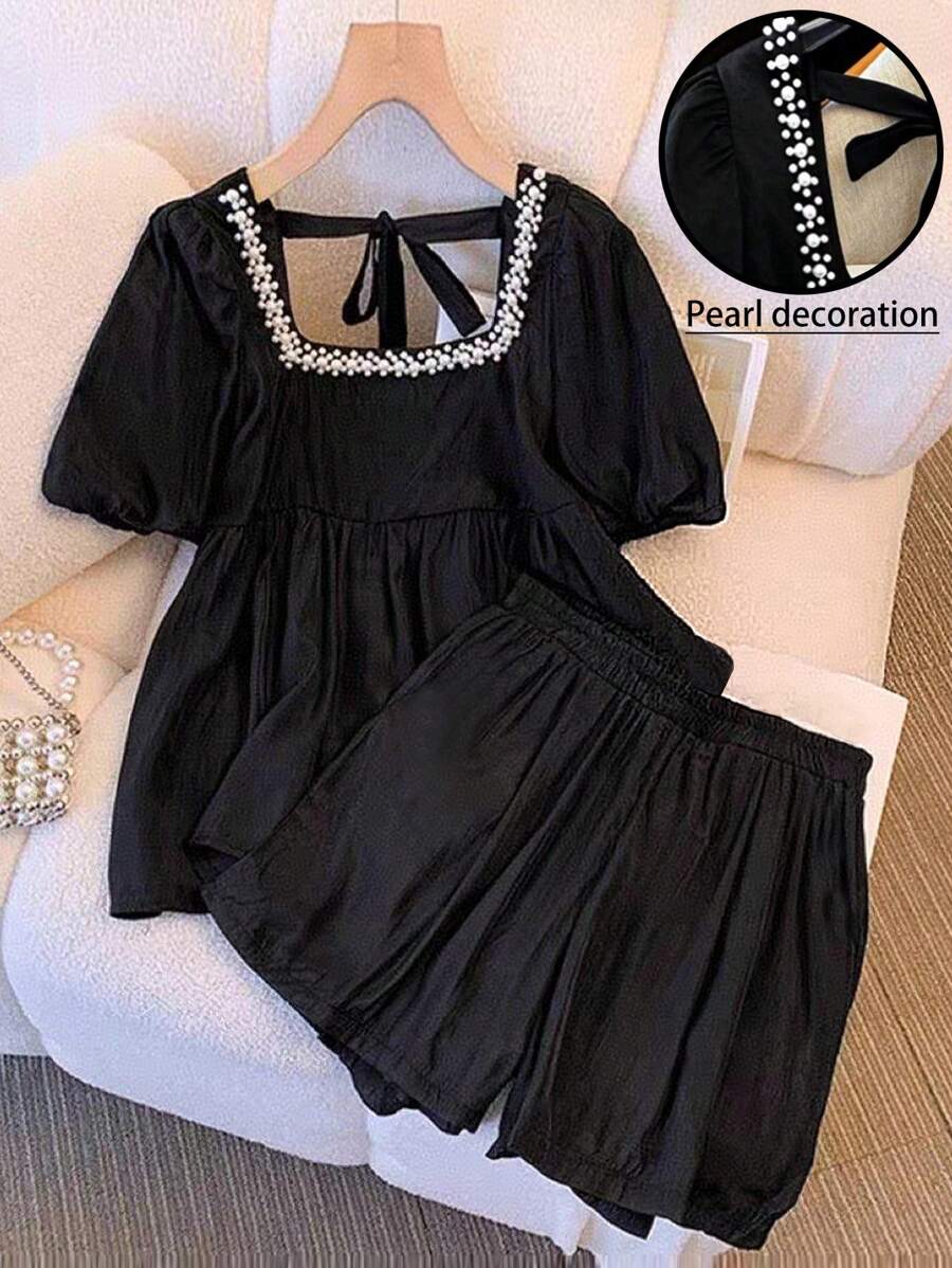 SHEIN Clasi Conjunto de 2 piezas con cuello cuadrado y decoración de perlas, elegante y para talla grande, apropiado para salidas diarias, vacaciones, citas y cenas - Negro - Ver 1