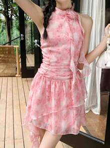 SHEIN LUNE Tie-Dye Organza Print Stand Collar Fluttered Ruffle Hem Floral Sweet Holiday Mini Dress For Women - Pink - View 6