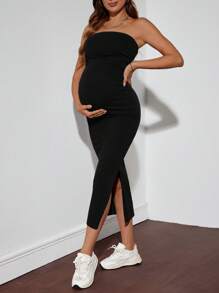 SHEIN Pregnant Women's Sexy Skin-Tight Elastic Denim Jumpsuit, Strapless, Blue