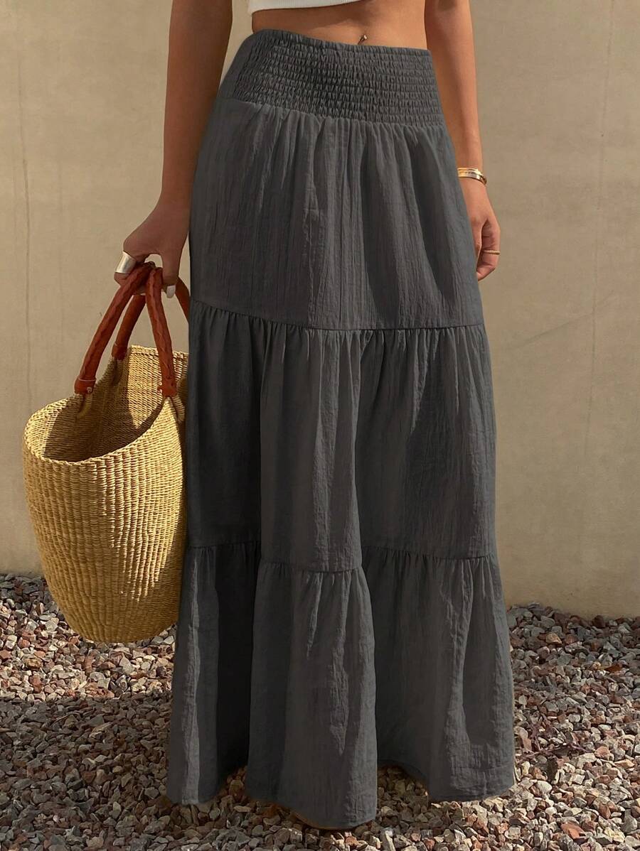 Livesso Women's Summer Ruffled Wide Hem Skirt Vacation - Dark Grey - View 1