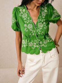Poéselle Áo kiểu nữ tay ngắn thêu họa tiết phong cách vintage Boho, áo dễ thương, áo thêu, áo sơ mi cài nút, áo dành cho nữ đi nghỉ mát, phong cách cổ điển, phụ nữ thanh lịch, vintage, mùa hè/thu - màu xanh lá - Xem 6
