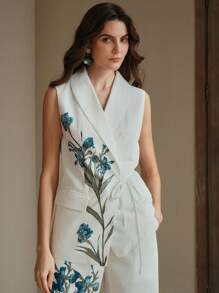 Anewsta Elegant Collar Ribbon Waist Fitted Sleeveless Women Jacket - White - View 3