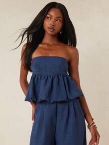 NYA SZN Leah 露肩牛仔泡泡荷叶边短款上衣，海军蓝，夏季海滩度假风，适合各种场合，包括节日和嘉年华，适合女性穿着。 - 藍色 - 查看 4