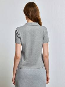 INAWLY Áo thun polo thêu nơ thường ngày mùa hè cho nữ - Xám - Xem 2