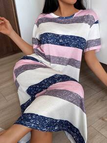 SHEIN Robe de nuit décontractée à col rond et manches courtes, rayures colorées pour femmes